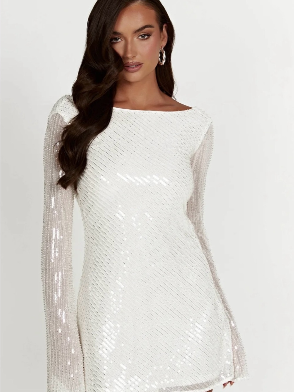 Meshki White Sequin Long-Sleeve Backless Mini Dress